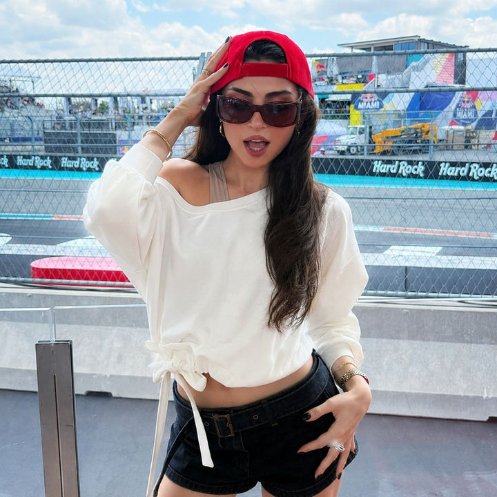 Damen schulterfreies Sweatshirt mit Knotengürtel und Oversize-Schnitt Drune