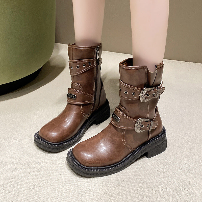 Damen modische Stiefel mit dekorativen Schnallen und robustem Profil Drune