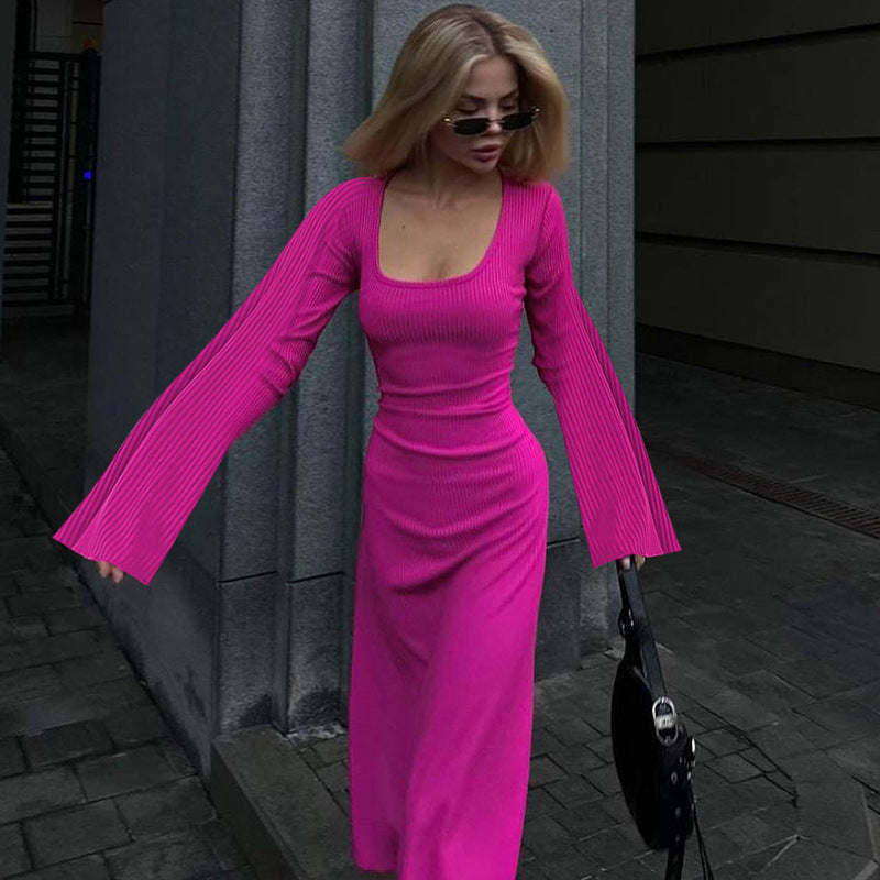 Damen Maxikleid mit langem, weitem Ärmel und elegantem Quadrat-Ausschnitt Drune