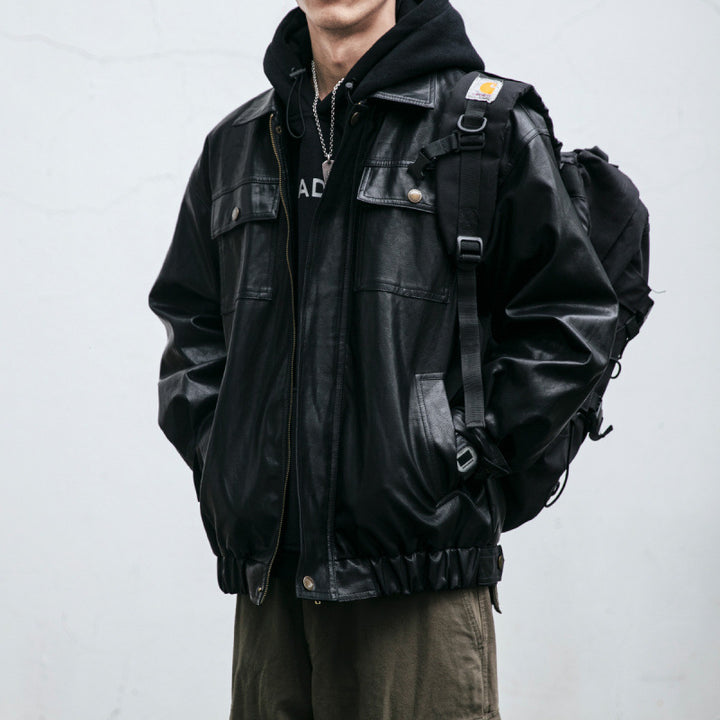 Herren Oversized Lederoptik-Utility-Jacke mit Pattentaschen und elastischem Saum Drune