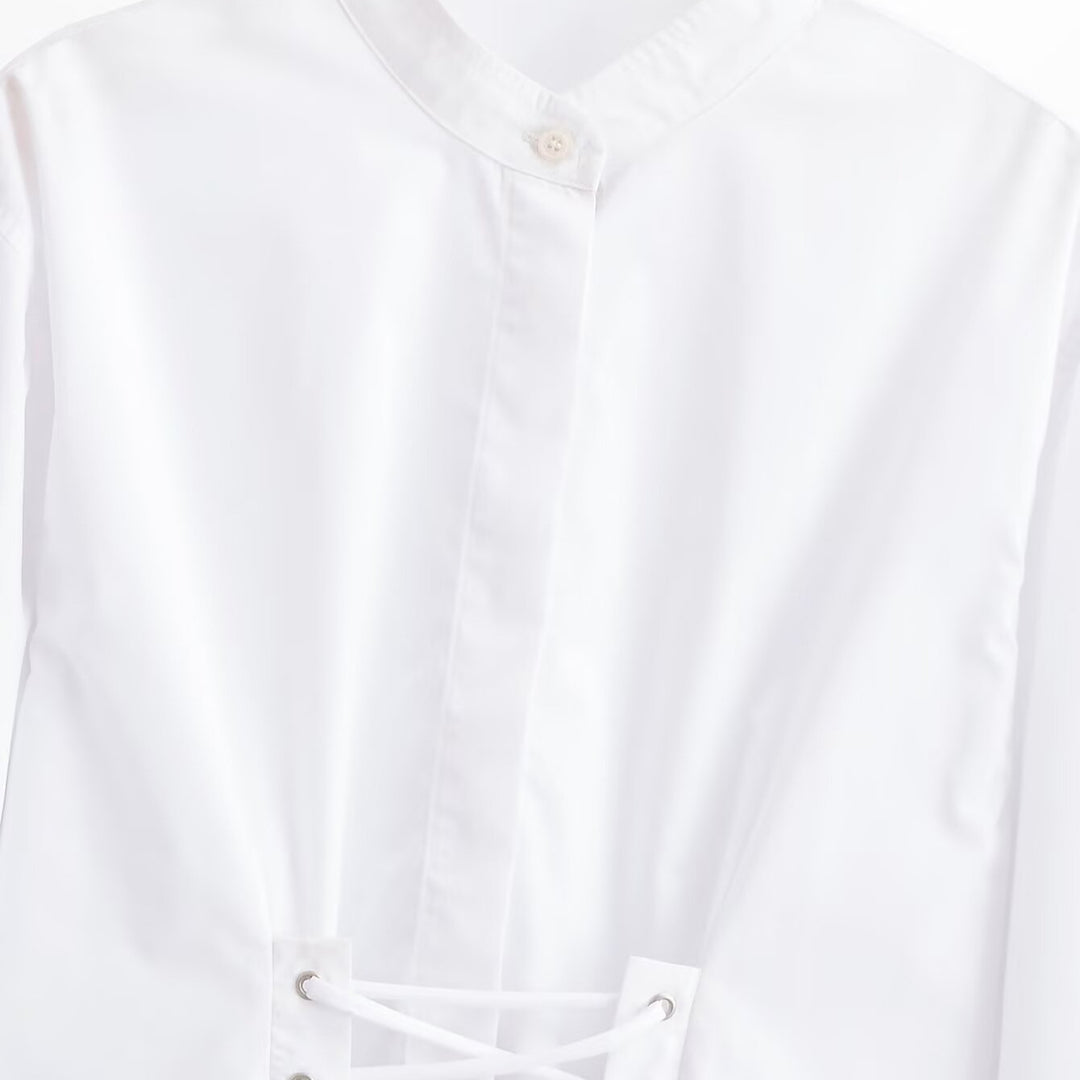 Damen Cropped Bluse mit Schnürkorsett‑Taillierung und Stehkragen Drune