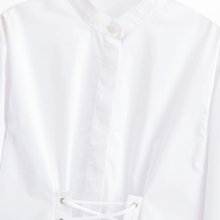 Damen Cropped Bluse mit Schnürkorsett‑Taillierung und Stehkragen Drune