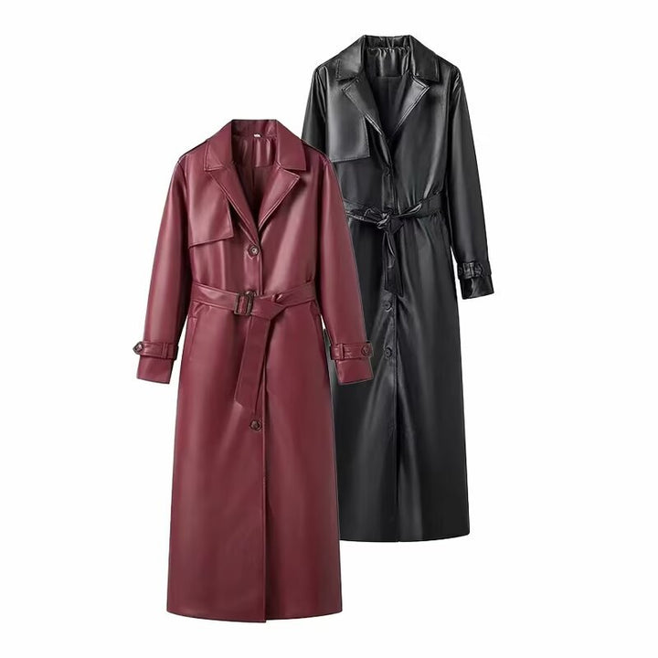 Damen 100+ langer oversize Kunstleder‑Trenchcoat mit Taillengürtel und weitem Revers Drune