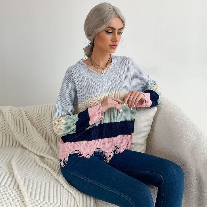 Damen Oversize V-Ausschnitt Strickpullover mit Streifendessin und ausgefranstem Saum Drune
