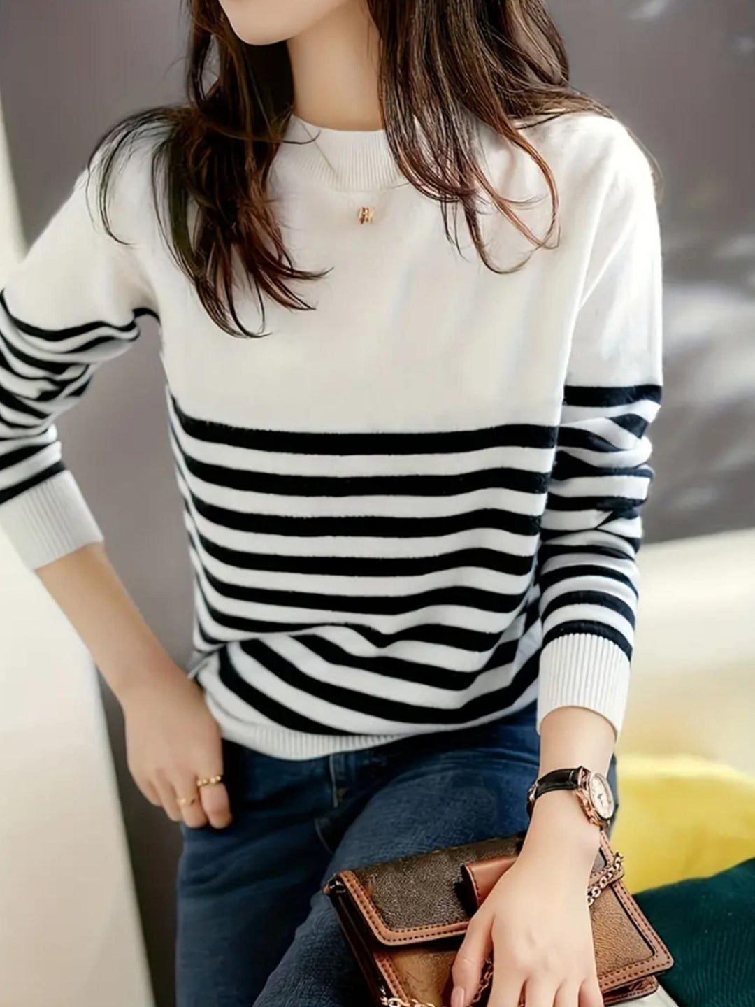 Damen Feinstrickpullover mit maritimem Streifenmuster und Rundhalsausschnitt Drune