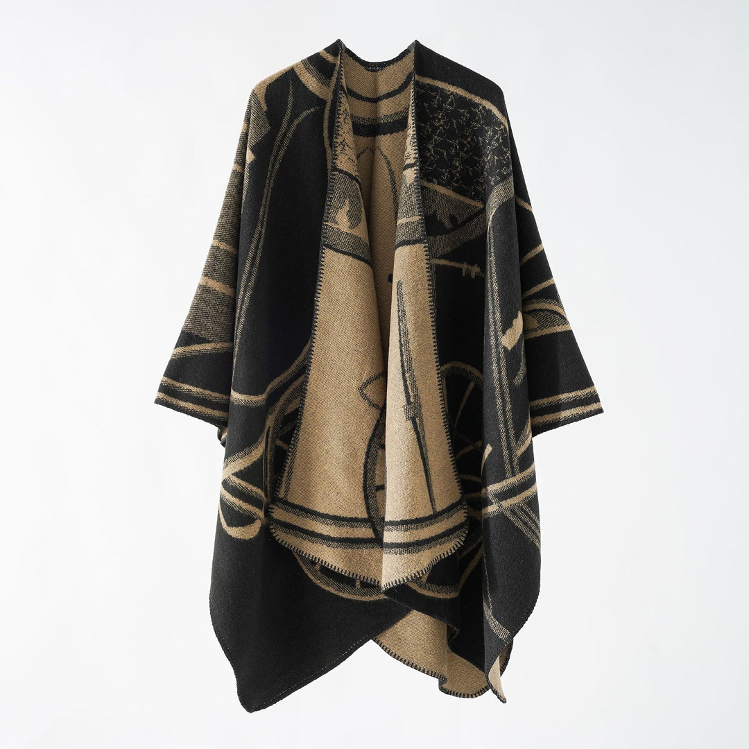 Damen Wollmix-Reversible Cape mit grafischem Jacquard und offenem Kimonofall Drune