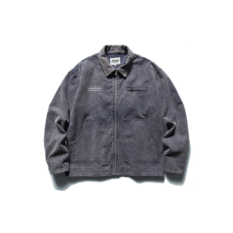 Herren Boxy-Worker-Jacke aus gewaschenem Canvas mit Cordkragen und Reißverschluss Drune