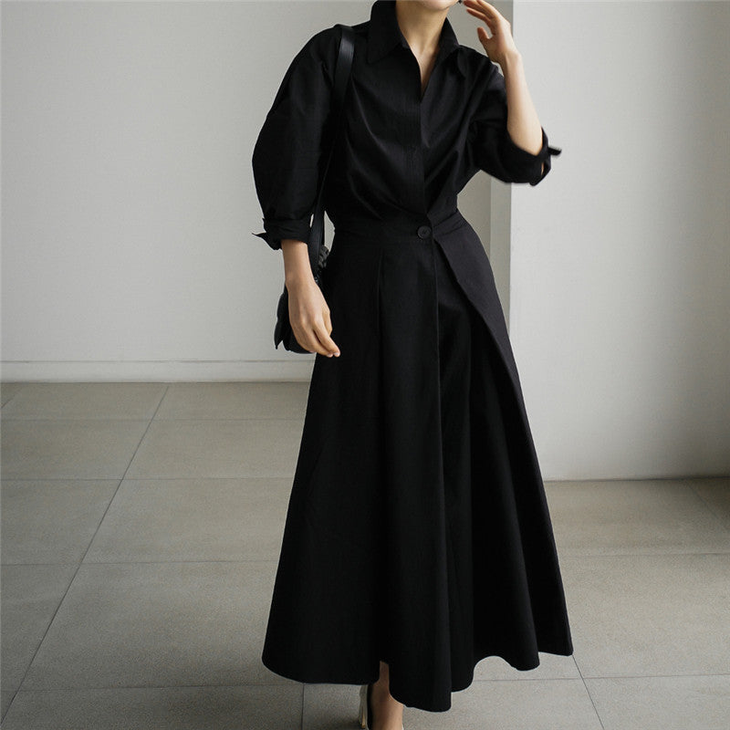 Damen Midaxi-Hemdblusenkleid mit tailliertem Drapé und weitem Tellerrock Drune