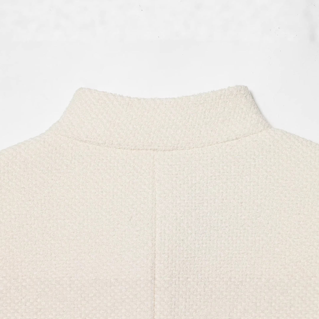 Damen Bouclé-Cropped-Jacke mit Stehkragen, bezogenen Knöpfen und aufgesetzten Pattentaschen Drune