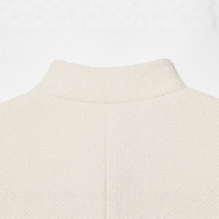 Damen Bouclé-Cropped-Jacke mit Stehkragen, bezogenen Knöpfen und aufgesetzten Pattentaschen Drune
