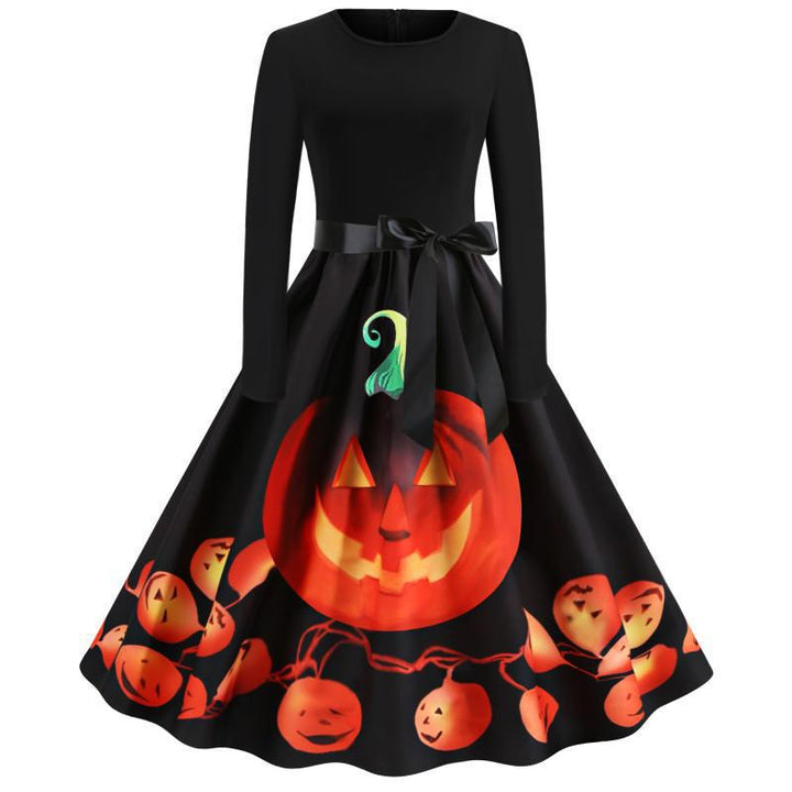 Damen Schwingendes Kleid mit Halloween-Kürbismotiv, Langarm und Taillenschleife Drune