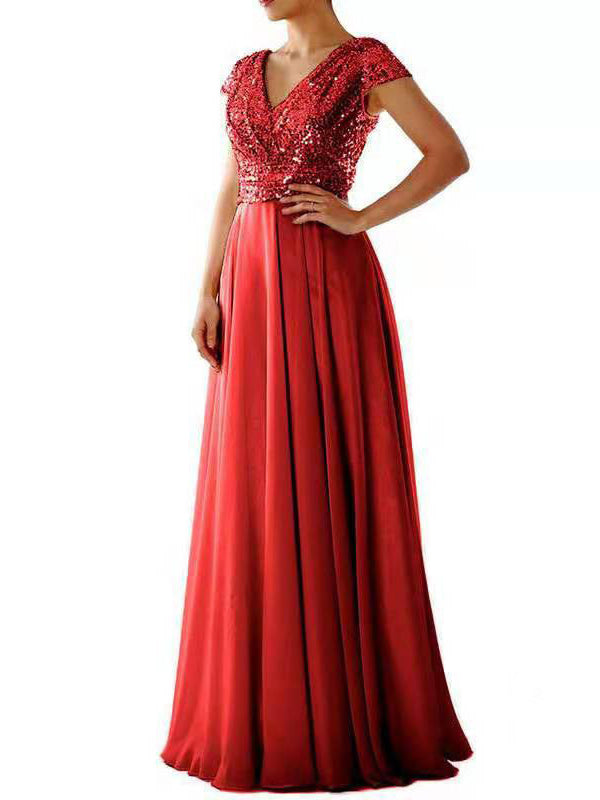 Drune | Damen Kleider V-Ausschnitt Paillette Chiffon Paneel Maxi Kleid