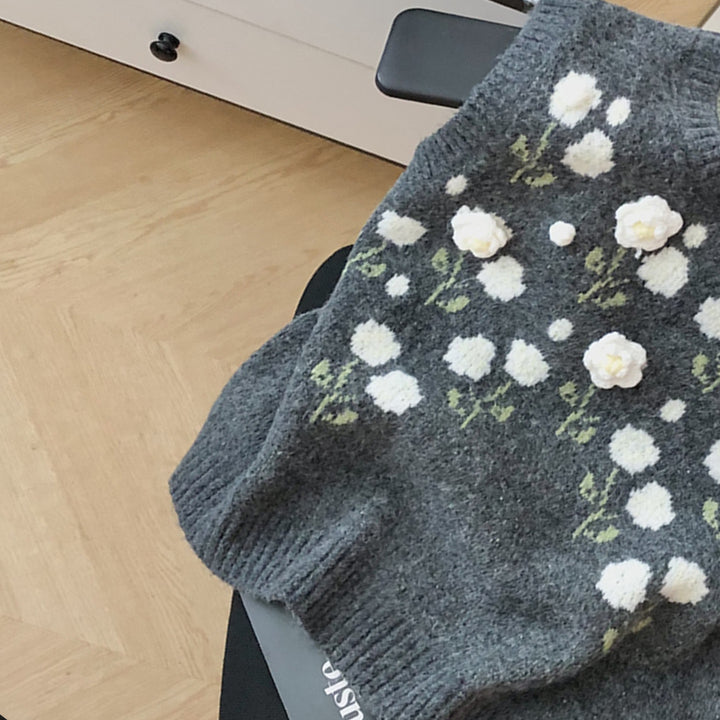 Damen Modischer Strickpullover mit Blumenapplikationen Drune