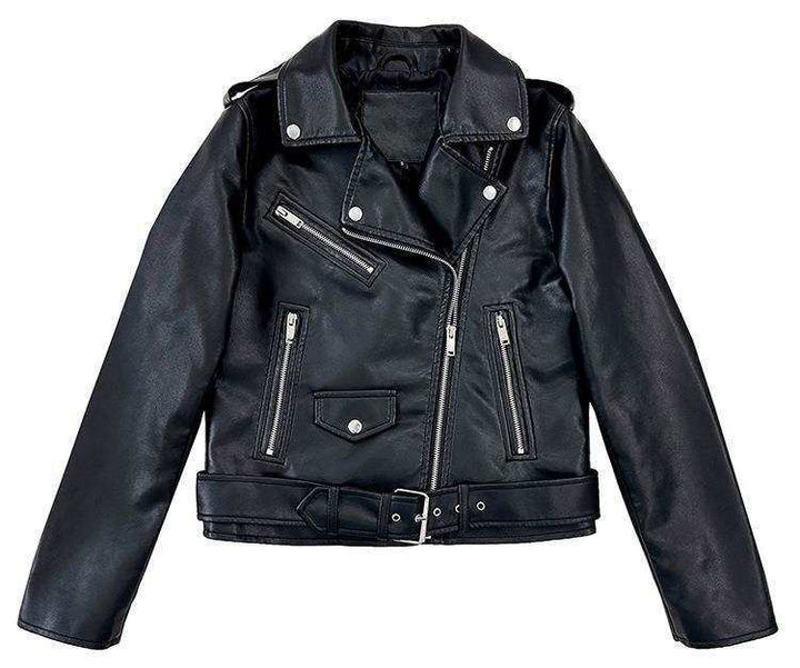 Damen nan taillierte Kunstleder-Bikerjacke mit Stehkragen, Schulterpatten und Reißverschlusstaschen Drune