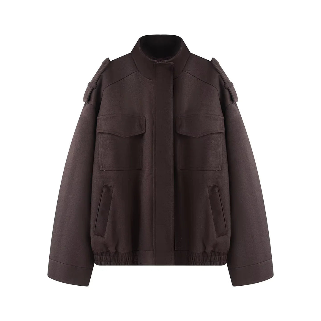 Damen nan kastiger Wollmix-Bomber mit Schulterklappen, Pattentaschen und elastischem Saum Drune