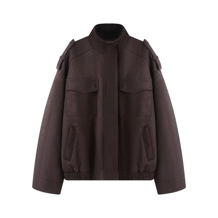 Damen nan kastiger Wollmix-Bomber mit Schulterklappen, Pattentaschen und elastischem Saum Drune