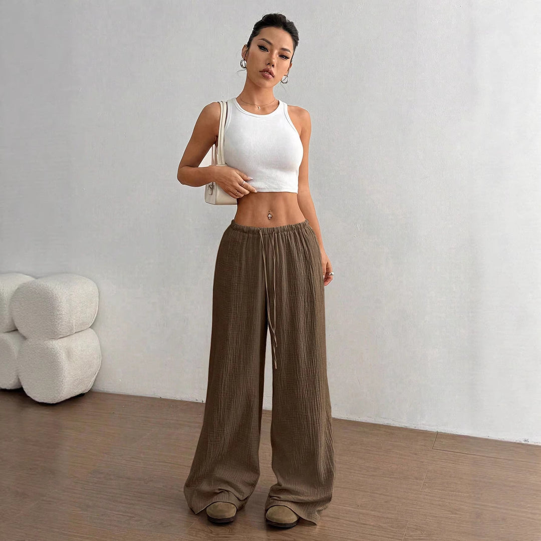 Damen Weite Baumwoll-Gauze-Hose mit hohem Bund, Gummizug und Kordelzug Drune