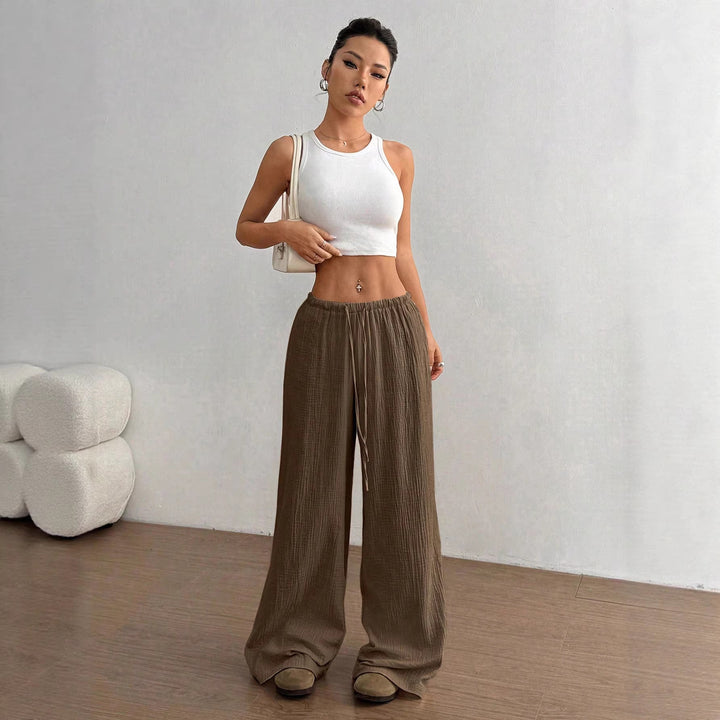Damen Weite Baumwoll-Gauze-Hose mit hohem Bund, Gummizug und Kordelzug Drune