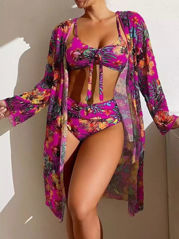 Damen Bikini-Set mit floralen Mustern und luftiger Kimono-Überjacke Drune