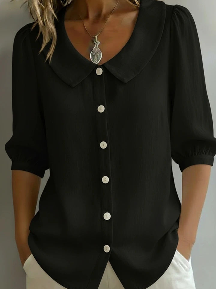 Damen Elegante Bluse mit großem Kragen und Knopfleiste Drune