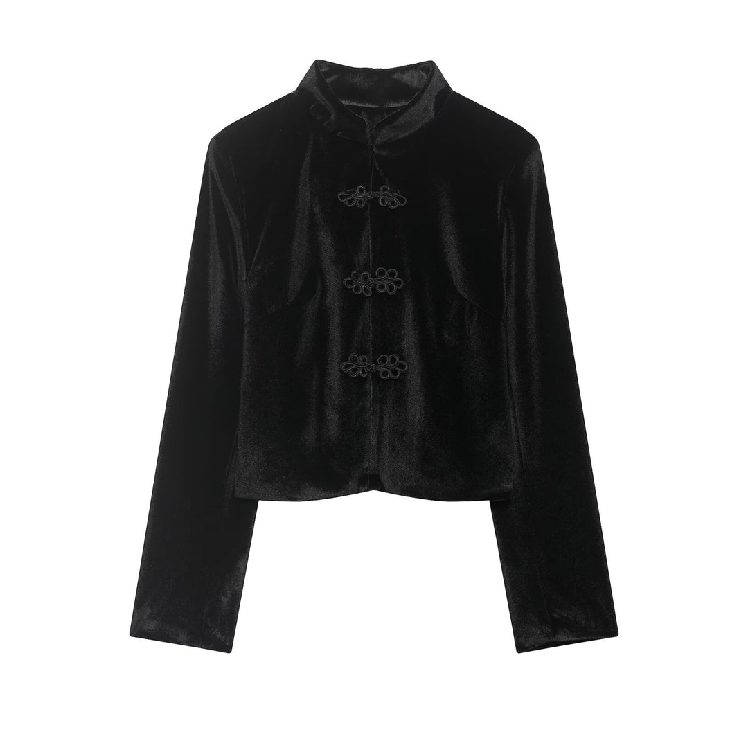 Damen Kurze Blazerjacke mit Stehkragen und Knotenverschlüssen Drune