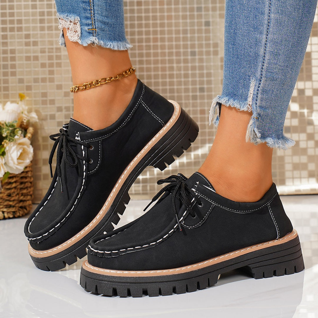 Damen elegante Derby-Schnürer aus Lederimitat mit Mokassinnaht und grober Profilsohle Drune