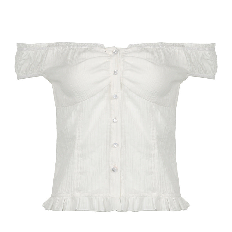 Damen Off-Shoulder Bluse mit Rüschensaum und Knopfdetails Drune