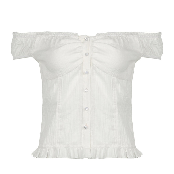 Damen Off-Shoulder Bluse mit Rüschensaum und Knopfdetails Drune
