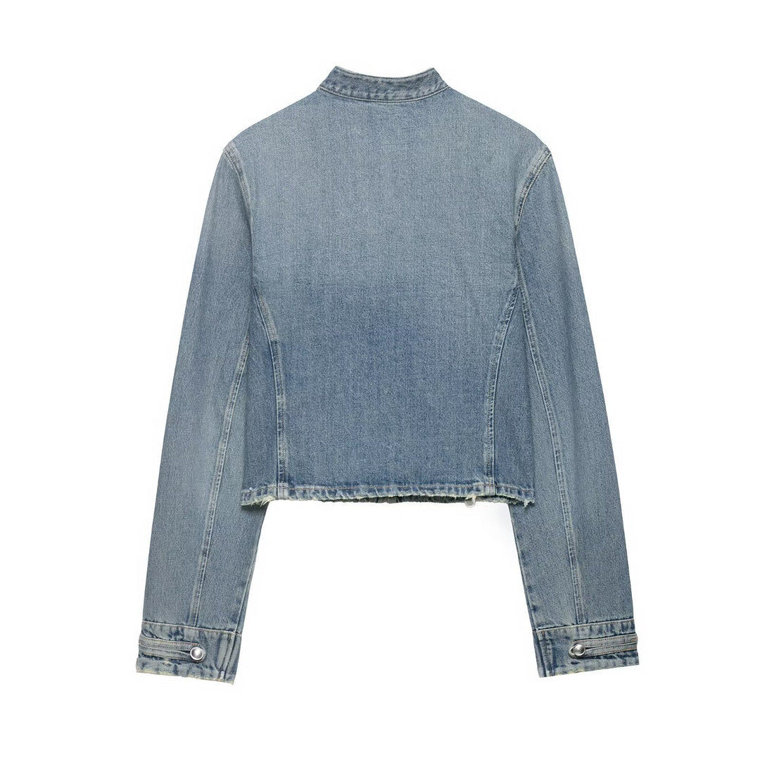 Damen Kurz geschnittene Military-Jeansjacke mit dekorativen Band-Details und Metallnieten Drune