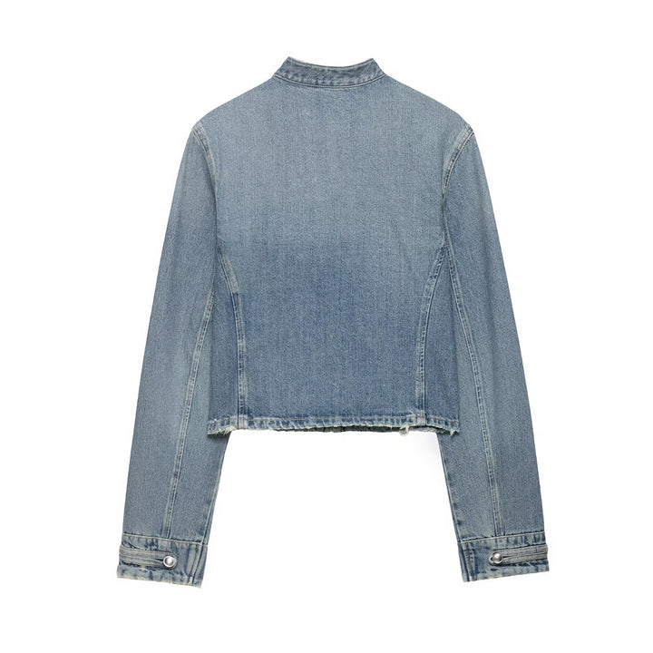 Damen Kurz geschnittene Military-Jeansjacke mit dekorativen Band-Details und Metallnieten Drune