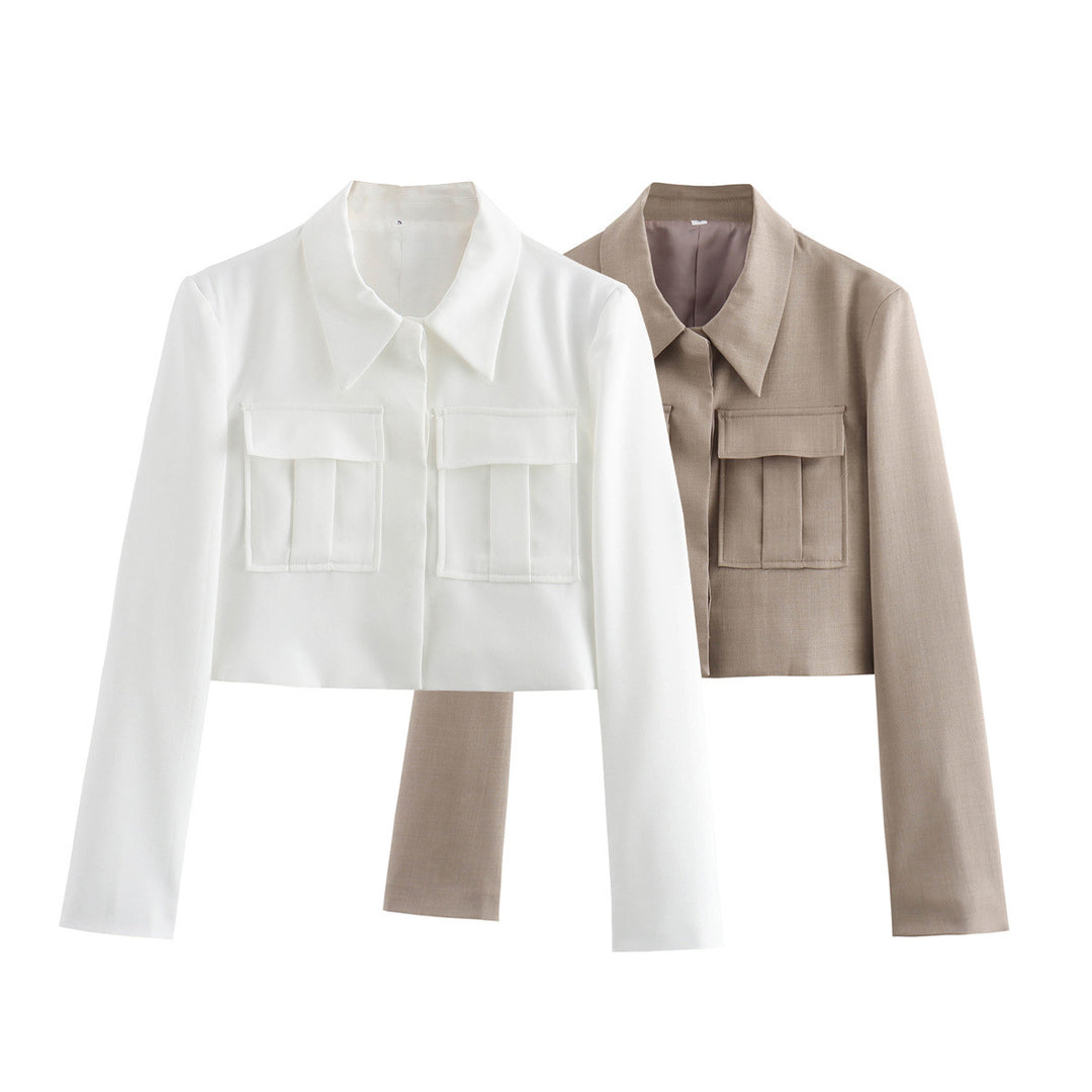 Damen nan kurz geschnittene Cropped-Hemdjacke mit Hemdkragen und aufgesetzten Pattentaschen Drune