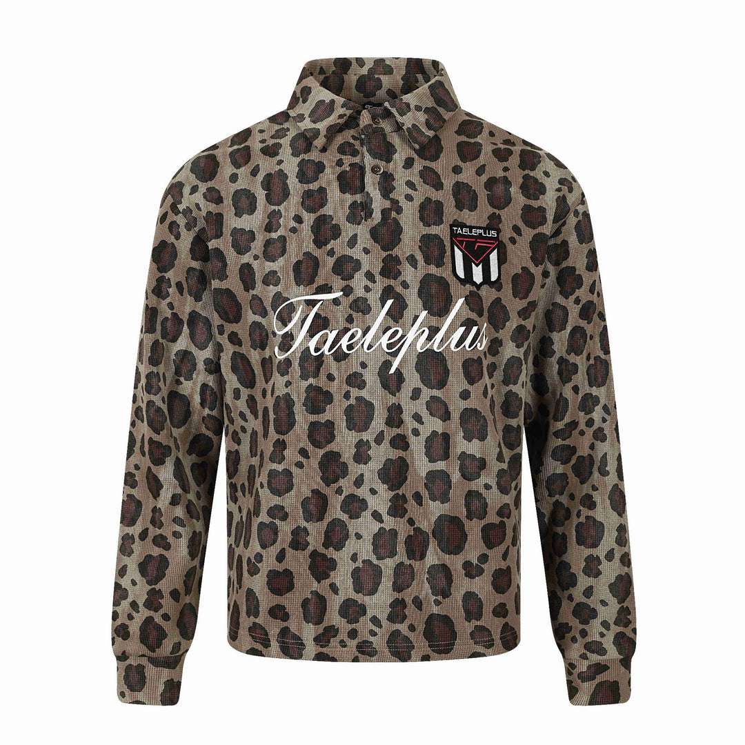 Damen Langärmeliges Poloshirt mit Waffelstruktur, Knopfleiste und Animal-Print Drune