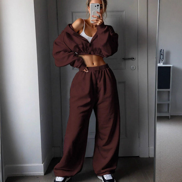 Damen athletisches Cropped-Zip-Hoodie und weite High-Waist Lounge-Jogginghose Drune