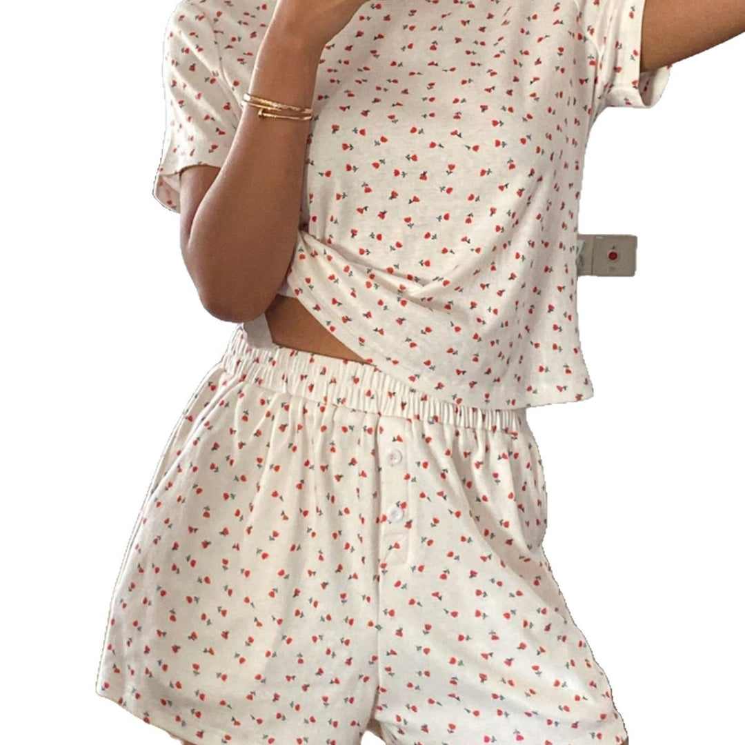 Damen lässiges Schlafanzugset aus atmungsaktivem Baumwollstoff mit zartem Blumendruck Drune