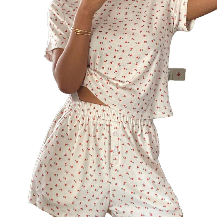 Damen lässiges Schlafanzugset aus atmungsaktivem Baumwollstoff mit zartem Blumendruck Drune