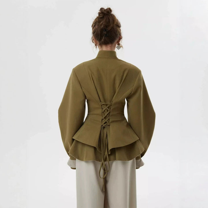 Damen taillierte Jacke mit Stehkragen, Cut-Out und Ballonärmeln Drune