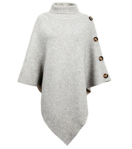 Damen Strick-Poncho mit steigendem Kragen und dekorativen Knopfdetails Drune