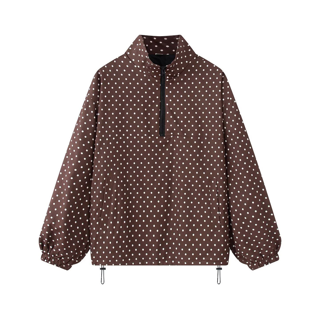 Damen Gepunkteter leichter Anorak mit Halbzip, Kängurutasche und Kordelzug Drune