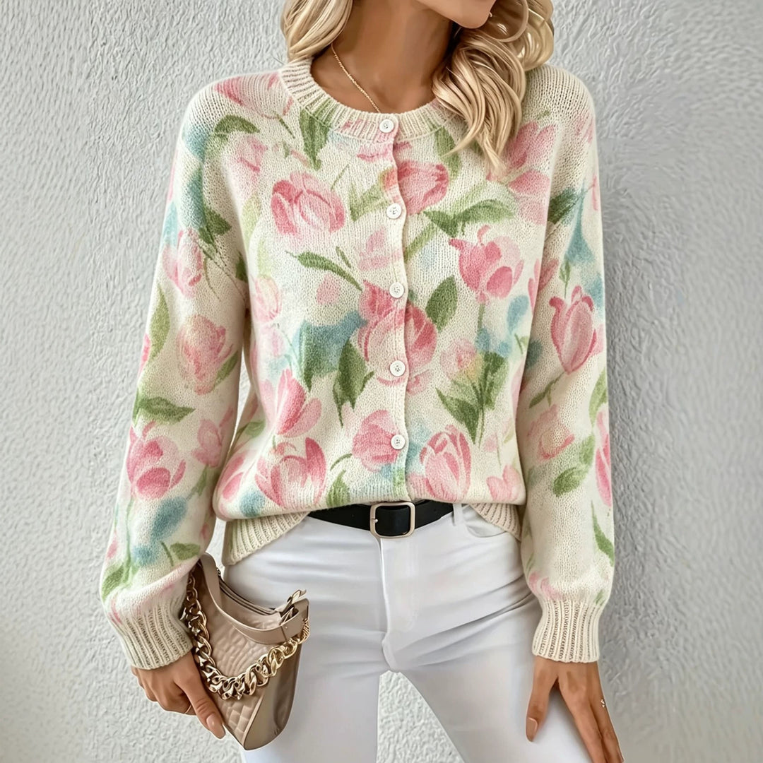 Damen Leichter Jacquard‑Strickcardigan mit Leo‑Print, Rundhalsausschnitt und Knopfleiste Drune