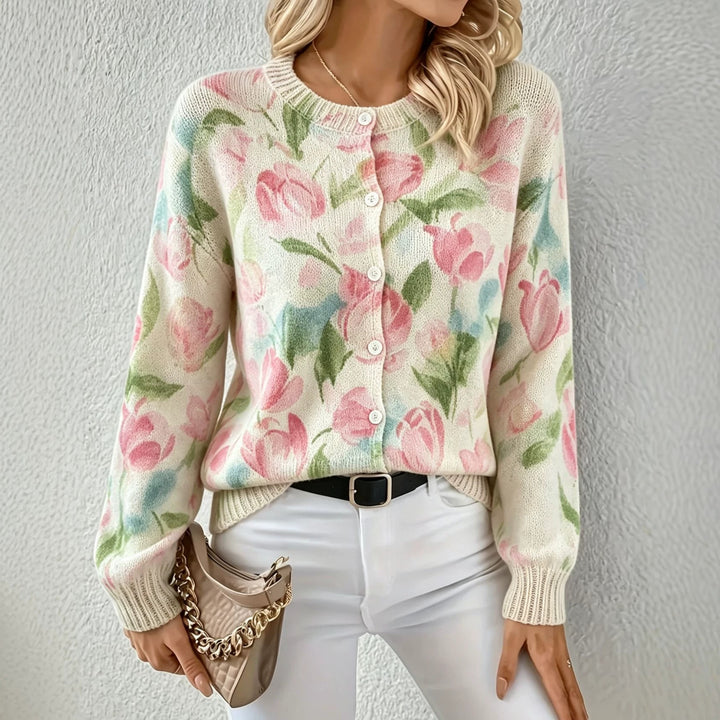 Damen Leichter Jacquard‑Strickcardigan mit Leo‑Print, Rundhalsausschnitt und Knopfleiste Drune