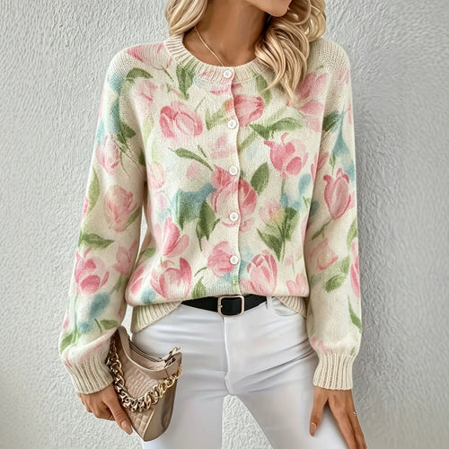 Damen Leichter Jacquard‑Strickcardigan mit Leo‑Print, Rundhalsausschnitt und Knopfleiste Drune