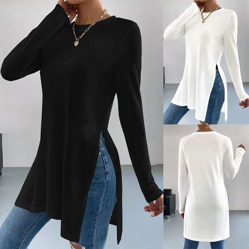 Damen Langes Feinstrick-Tunika-Shirt mit Seitenschlitzen und gerundetem Saum Drune