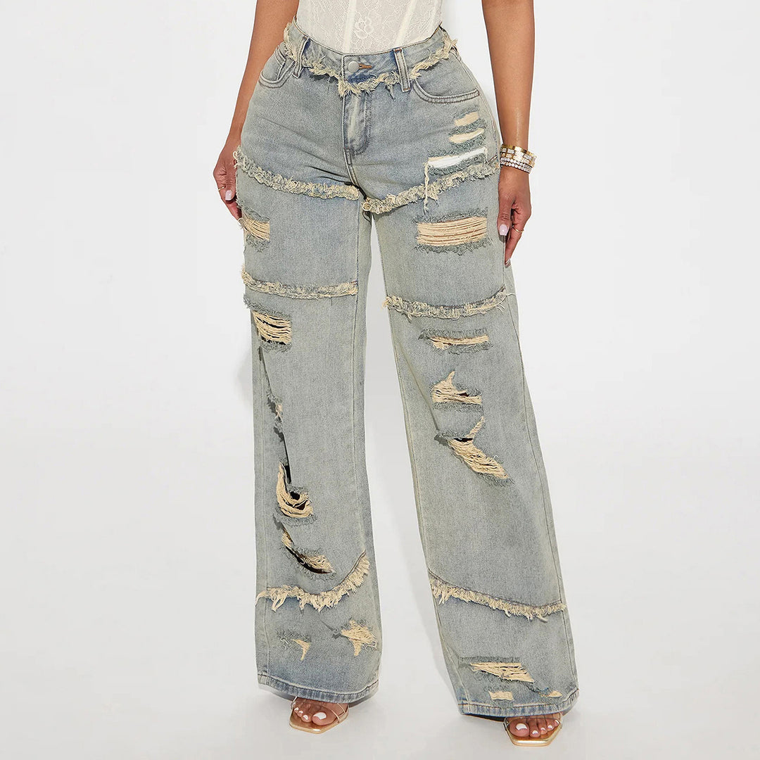 Damen Hochtaillierte Oversize-Jeans mit weitem Bein und ausgefransten Rissen Drune