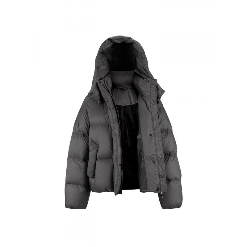 Damen Kurz gepolsterte Crop‑Steppjacke mit Volumen‑Kapuze und verdeckter Druckknopfleiste Drune