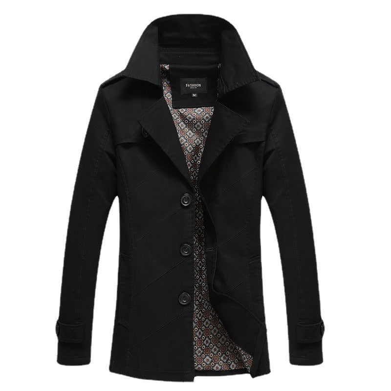 Herren moderner zweireihiger Trenchcoat mit Epauletten und kariertem Innenfutter Drune
