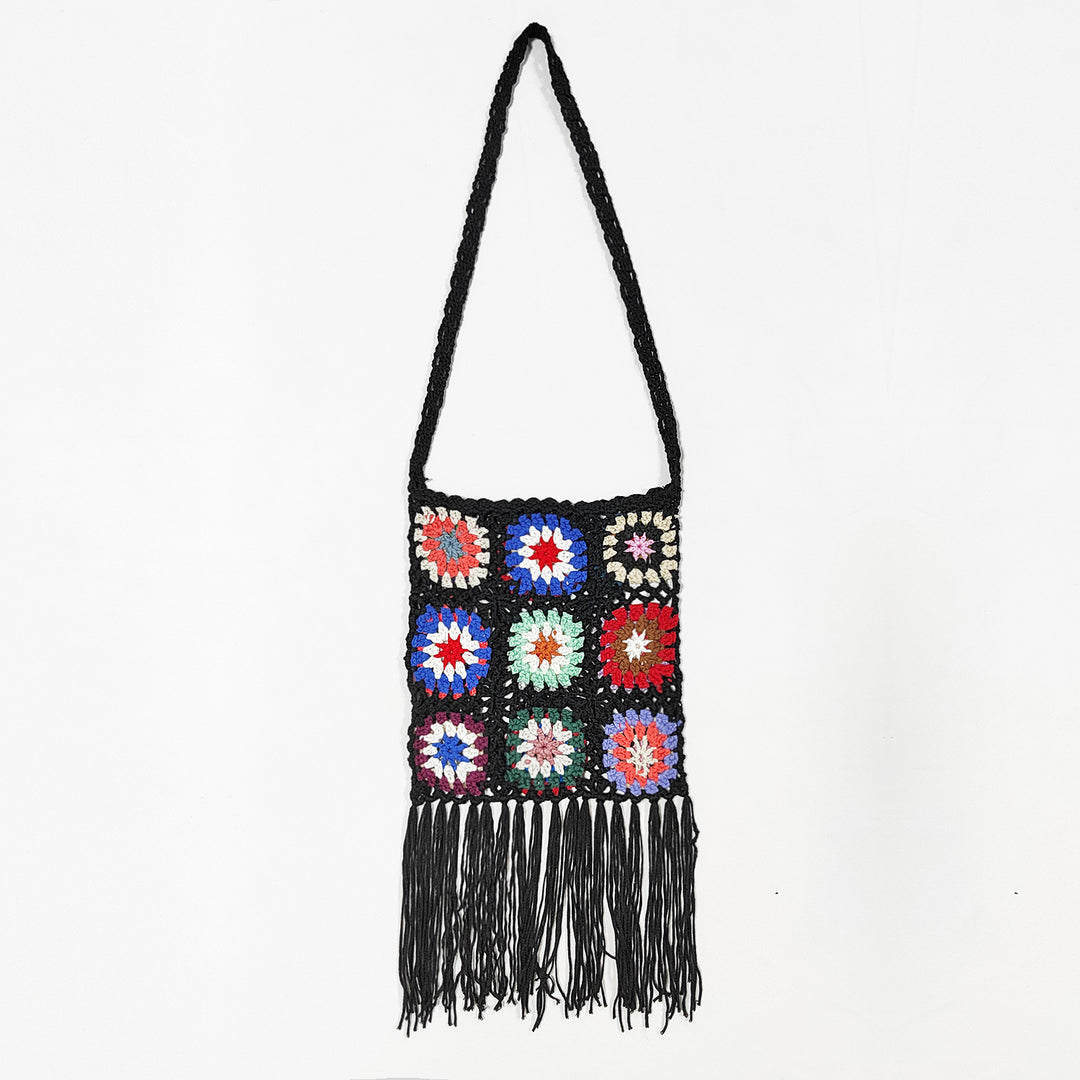 Damen gehäkelte Umhängetasche mit bunten Blumenmustern und Fransen Drune