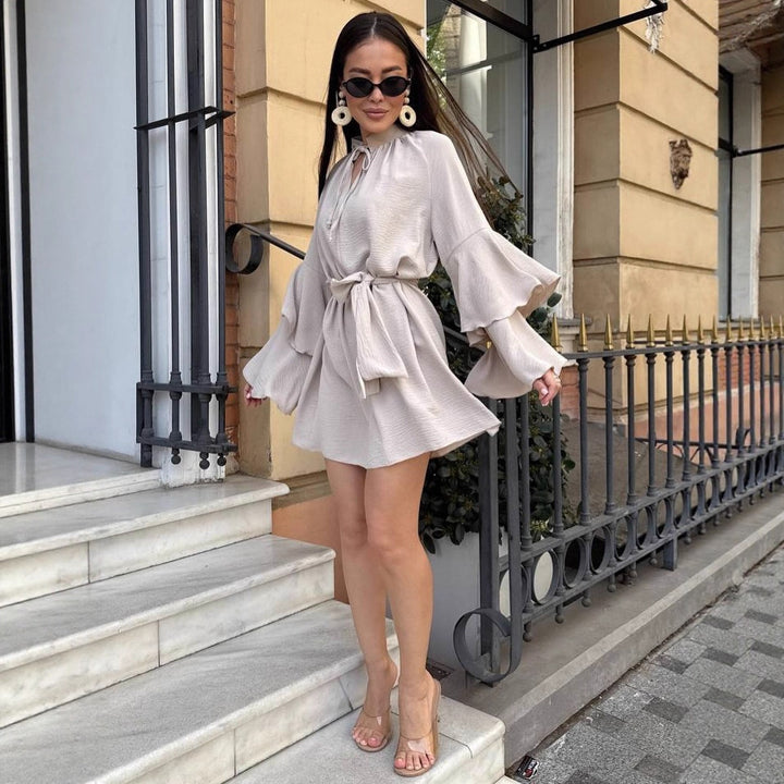 Damen lässiges Kleid mit voluminösen Ärmeln und Taillengürtel Drune