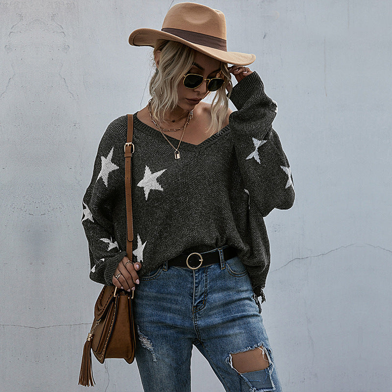 Damen Lässiger Oversized Pullover mit Sternen Drune