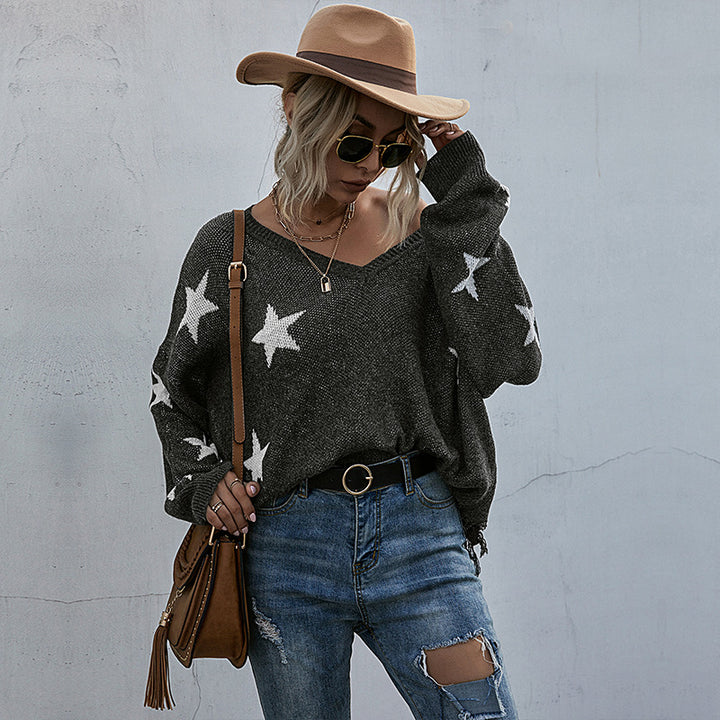 Damen Lässiger Oversized Pullover mit Sternen Drune