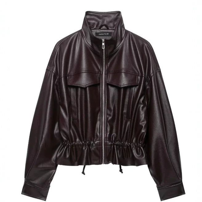 Damen Cropped Kunstleder‑Blouson mit Stehkragen, Pattentaschen und Tunnelzugtaillierung Drune